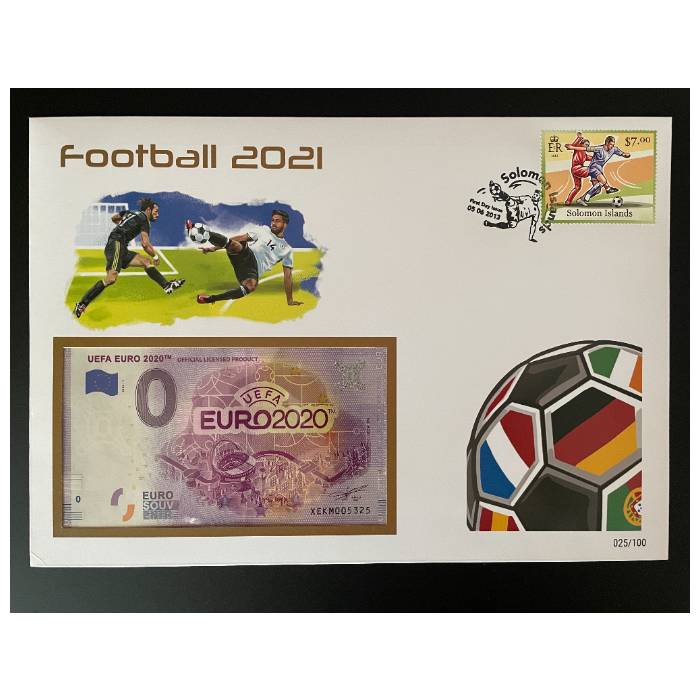 Envelope de 1. Dia com selo e carimbo e nota de 0&euro; UEFA Euro 2020 (FDC)