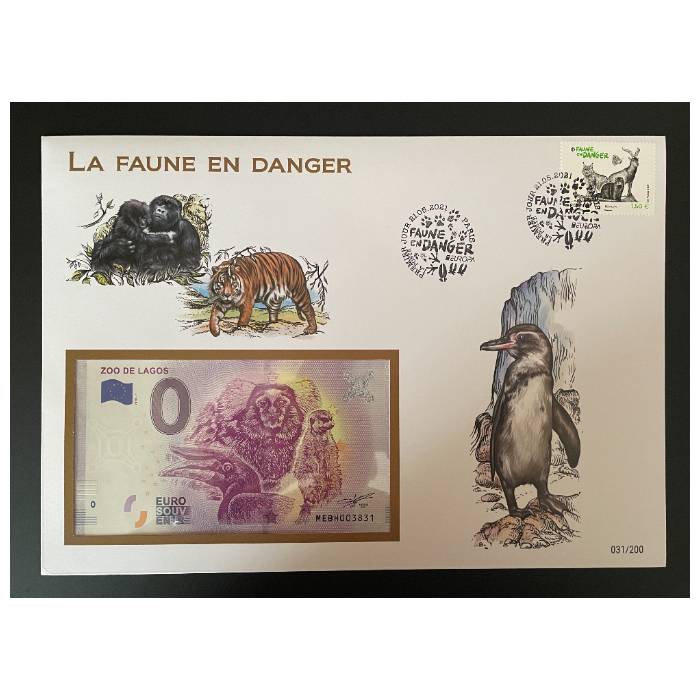 Envelope de 1. Dia com selo e carimbo e nota de 0€ Zoo de Lagos (FDC)