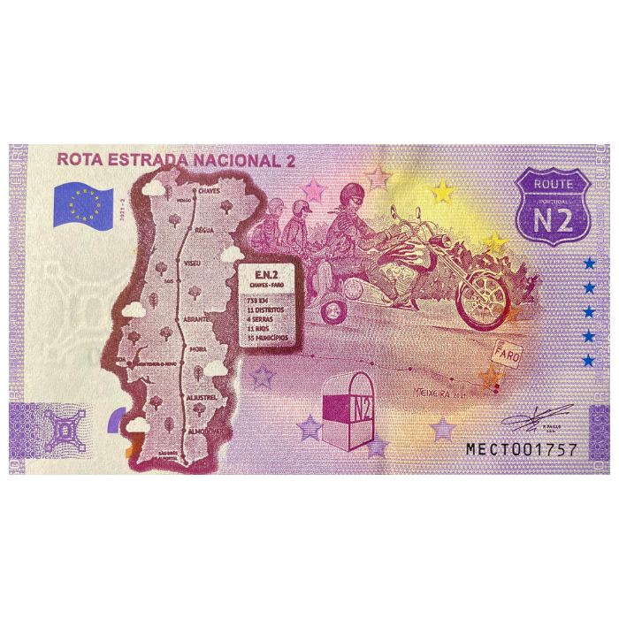 Rota Estrada Nacional 2 MECT 2021-2 (redesenhada por Heinz Rainer Fuchs mapa EN2 frente e logo NumisVilaReal trás)