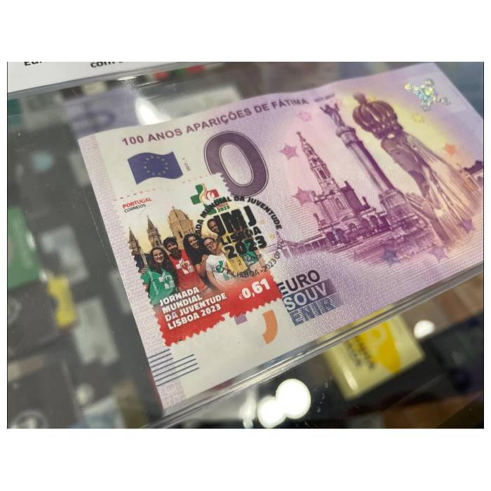 NOTA CERTIFICADA NUMISVILAREAL 100 Anos das Aparições de Fátima: 1917-2017 MEPF 2017-1 com selo CTT 0,61€ e carimbo JMJ