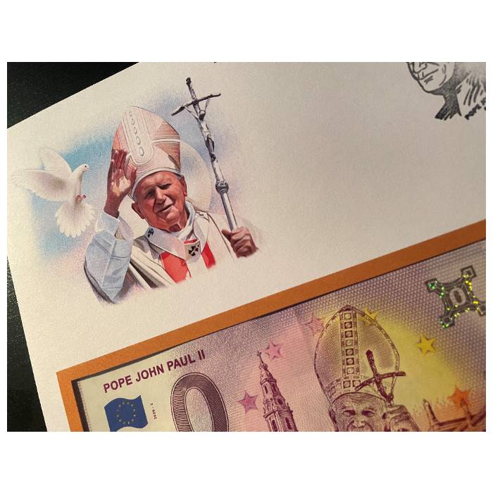 Envelope 1. Dia com selo e carimbo e nota de 0&euro; João Paulo II (FDC)