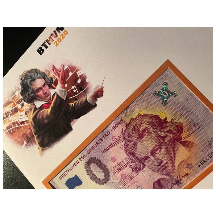 Envelope de 1º Dia com selo e carimbo e nota de 0€ Beethoven (FDC)