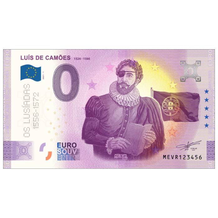CARTEIRA Luís de Camões: 1524-1580 MEVR 2021-1 (perfuração OS LUSÍADAS 1556-1572 e nota 50$00 Angola)