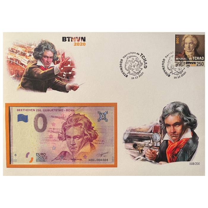 Envelope de 1. Dia com selo e carimbo e nota de 0€ Beethoven (FDC)