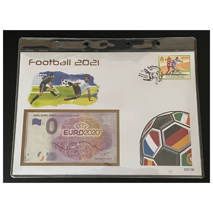 Envelope de 1. Dia com selo e carimbo e nota de 0€ UEFA Euro 2020 (FDC)