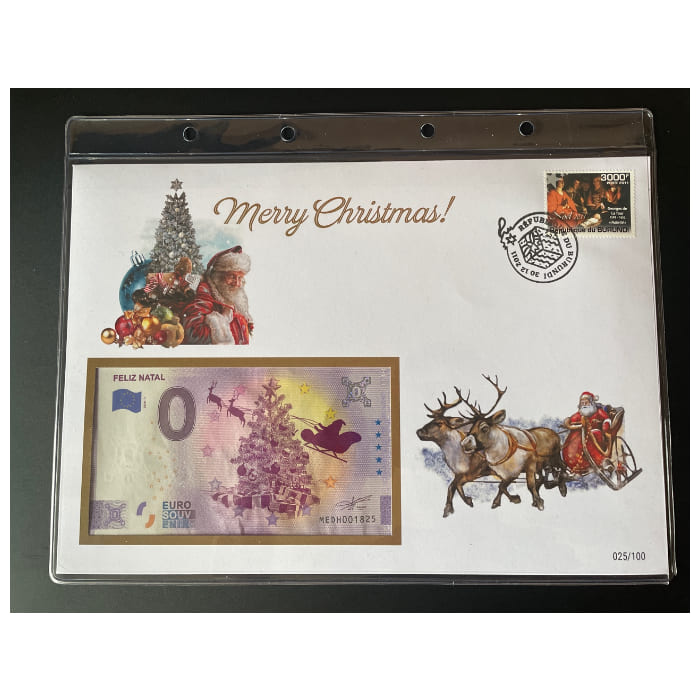 Envelope de 1. Dia com selo e carimbo e nota de 0€ Feliz Natal (FDC)